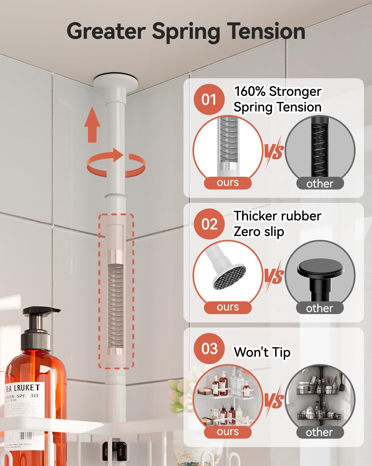 YASONIC Corner Shower Caddy Tension Pole, Adjustable Shower Shelves, Rust-Resistant Shower Organizer, No-Drill 3-Step Installation, Bathroom Shelves for Renters & Family, White
