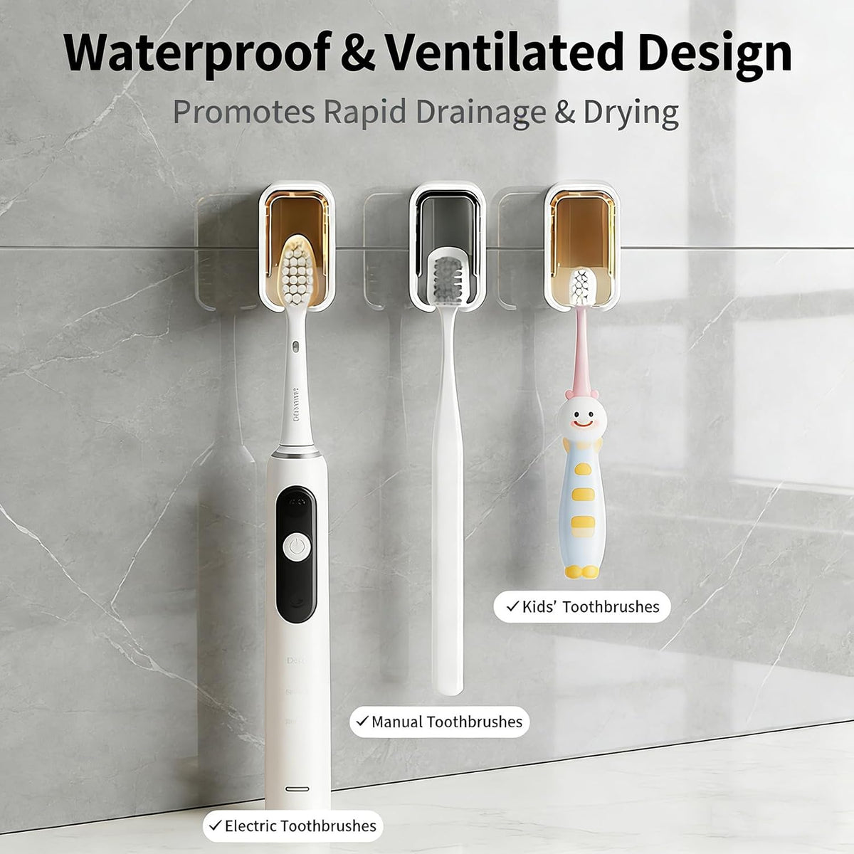 3pc Wall Mount Toothbrush Holder with Lid Self Adhesive No Drill