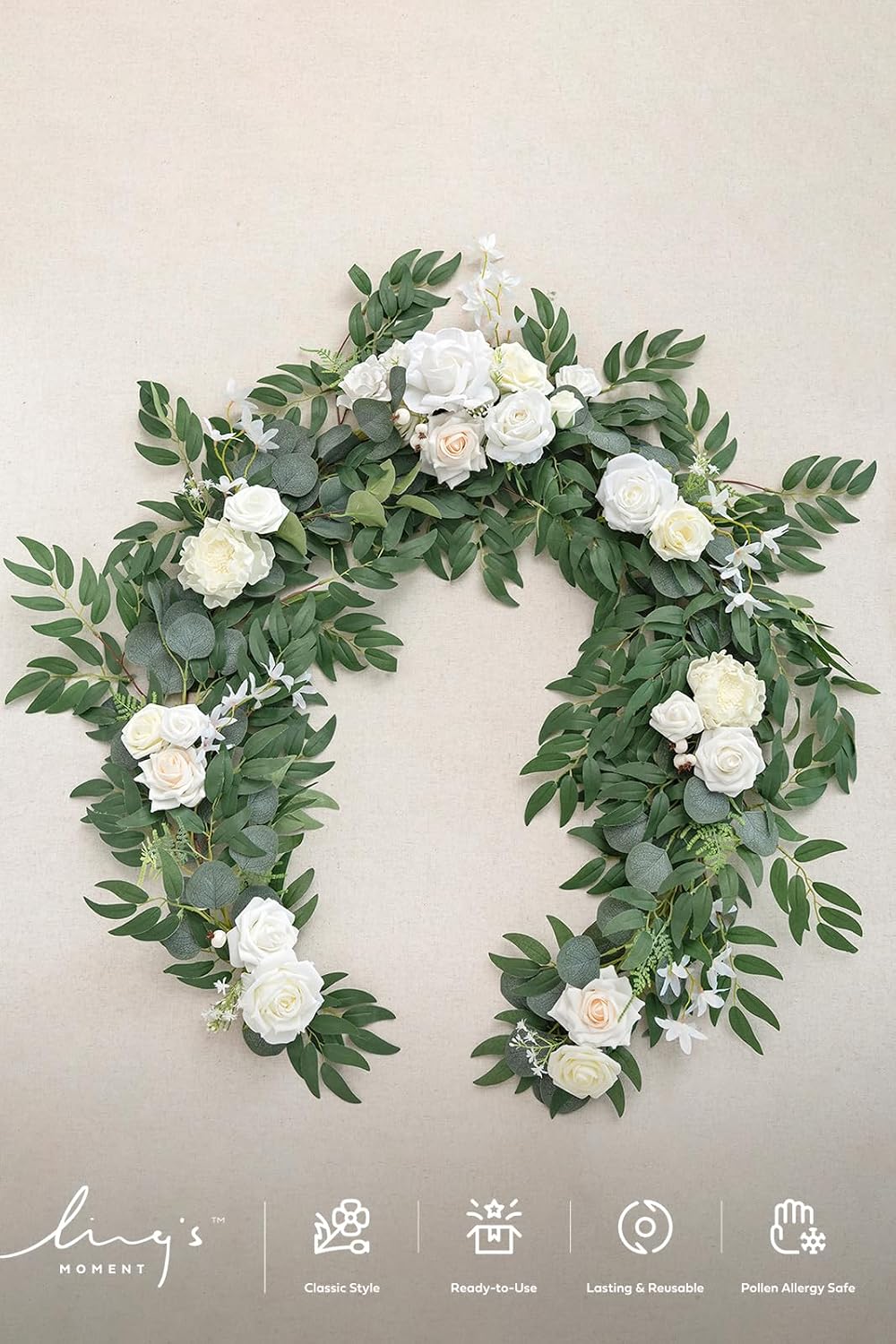 Ling's moment Ivory Eucalyptus Flower Garland White Wedding Arch 6 FT