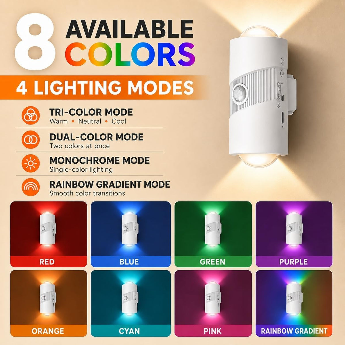 2 Pack Motion Sensor Night Lights, 8 Colors, Magnetic, 3 Modes