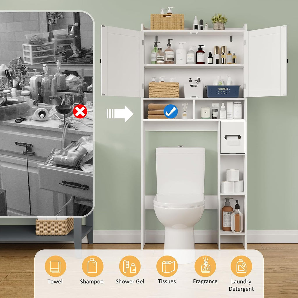 RRX Over The Toilet Storage Cabinet, Bathroom Above Organizer (Milky White)