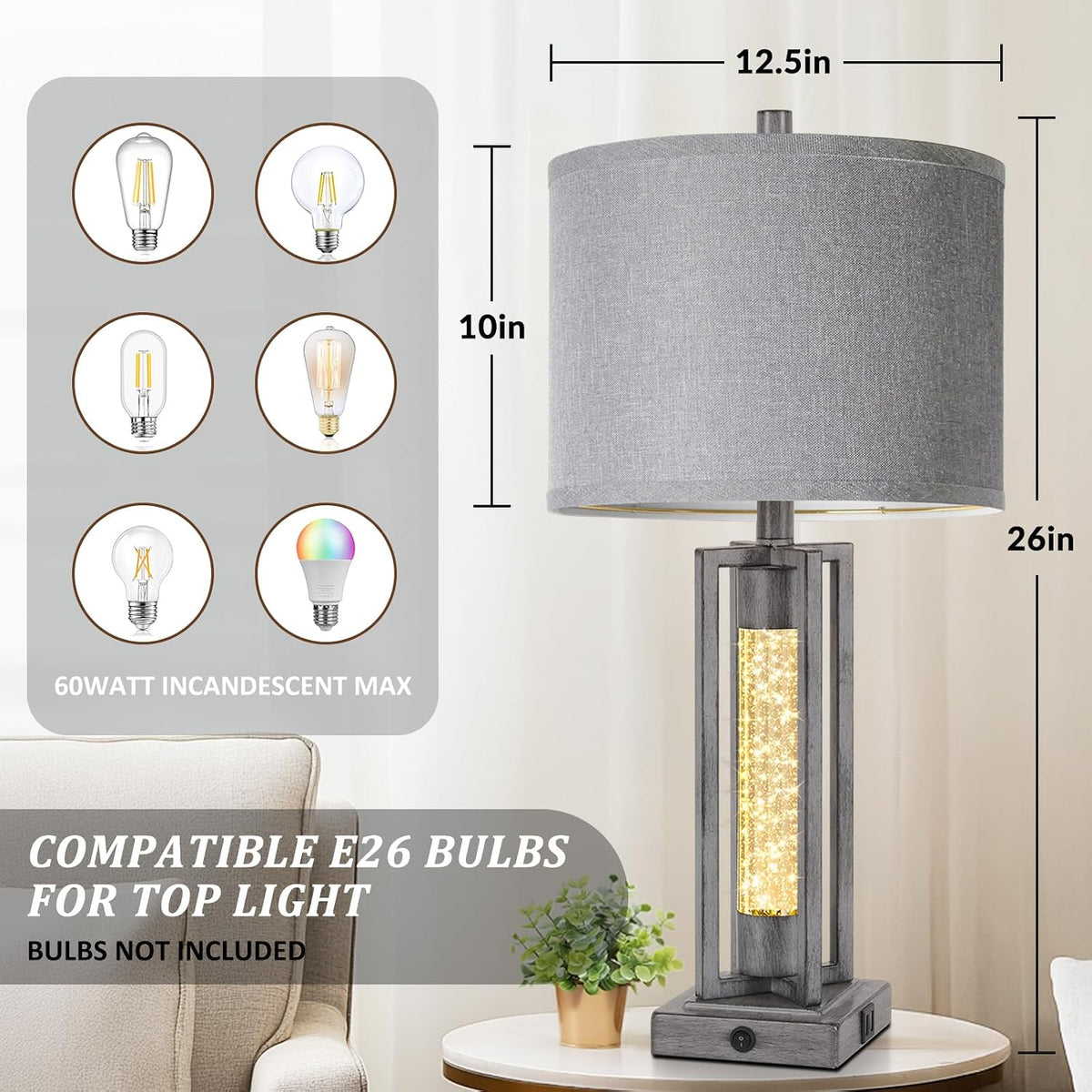 TOBUSA 26’’ Farmhouse Table Lamps for Living Room Set of 2, Modern Nightstand Lamps with Crystal Night Light & 2 USB Ports, Vintage Home Decor Grey Bedside Lamps with Gray Linen Shade for Bedroom