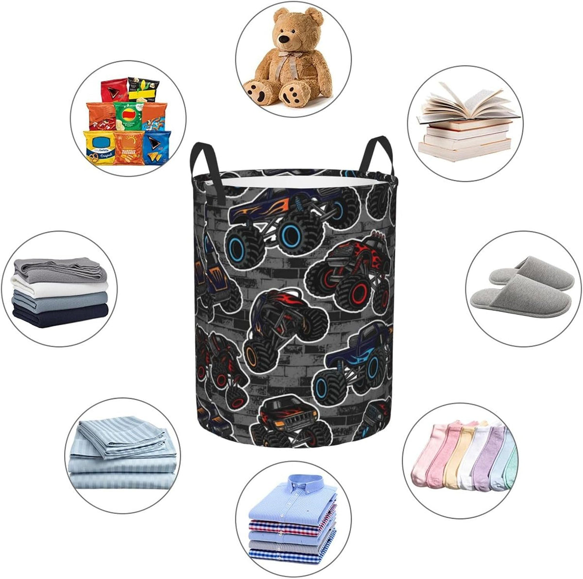Monster Truck Boys Style Round Laundry Hamper Storage Basket Toys Clothes Organizer Bin For Home Bathroom Bedroom Dorm Nursery, 38l