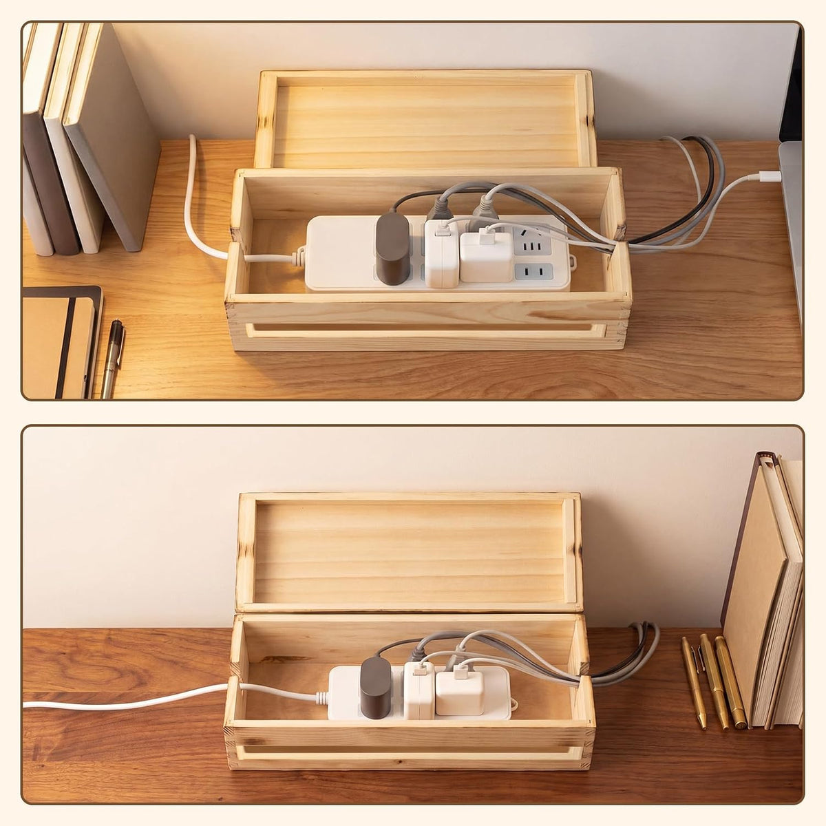Changsuo Cable Management Box Wooden Cord Organizer Box for Extension Cord Power Stripe Surge Protector Wire Management Concealer Cover Hider for Desktop Home Office Kitchen (Carbonized Brown)