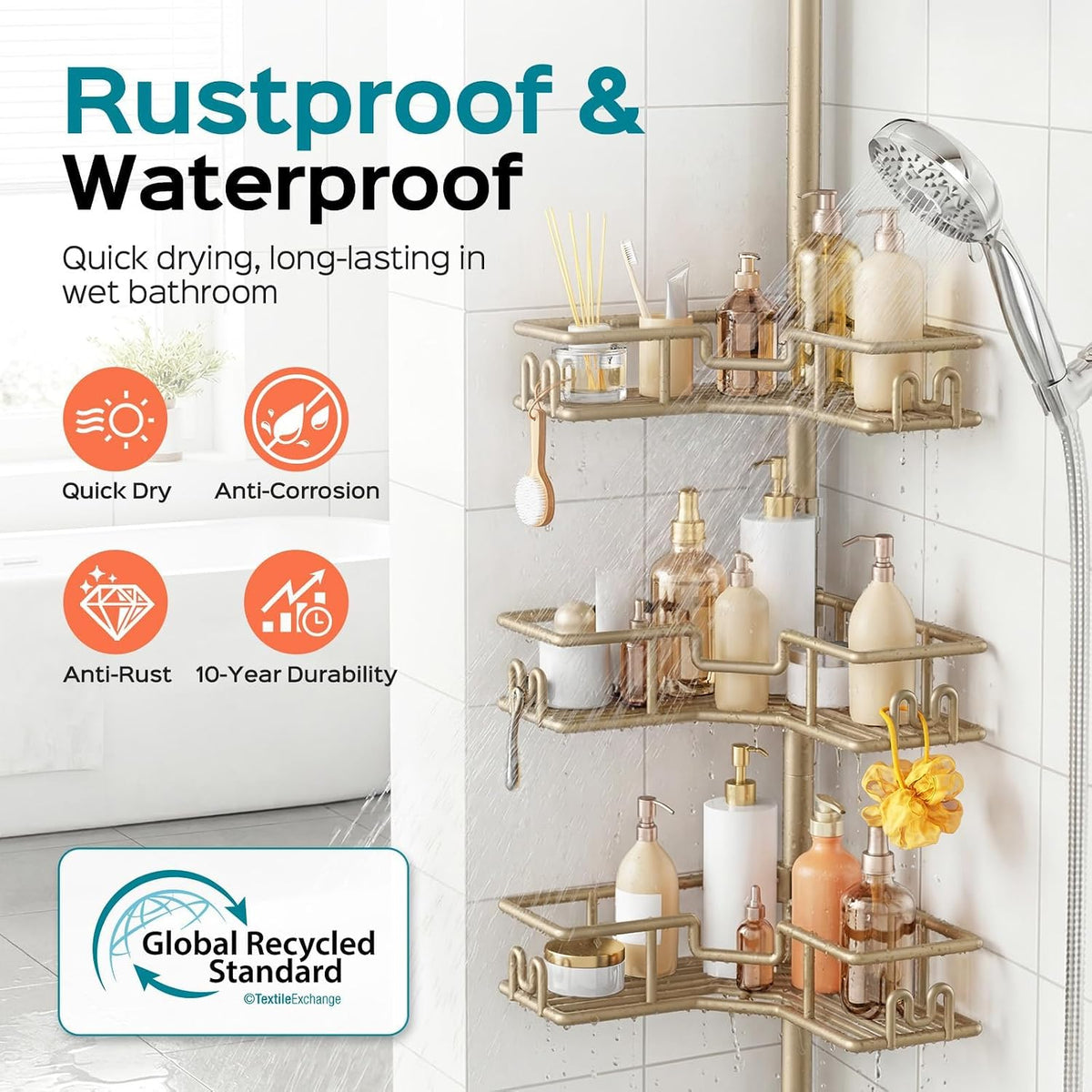 HAMITOR No-Drill Shower Rack, 4-Tier Corner Rustproof Tension Pole, Khaki