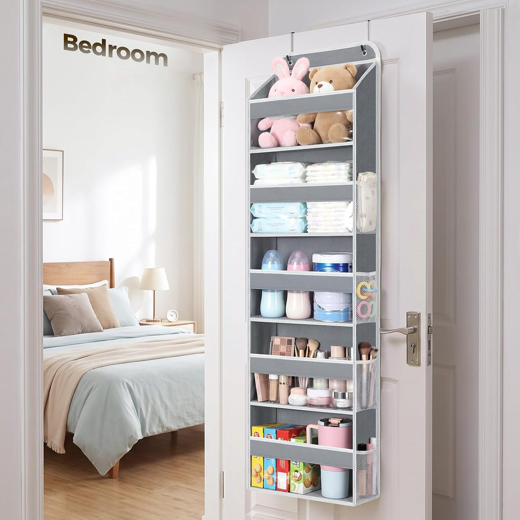 LAMU Over the Door Organizer, Large Capacity Behind the Door Storage with Clear PVC Windows, Back to School Supplies, Stuffed Animal Storage for Dorm Closet Nursery Bathroom Pantry, 5 Tier Grey