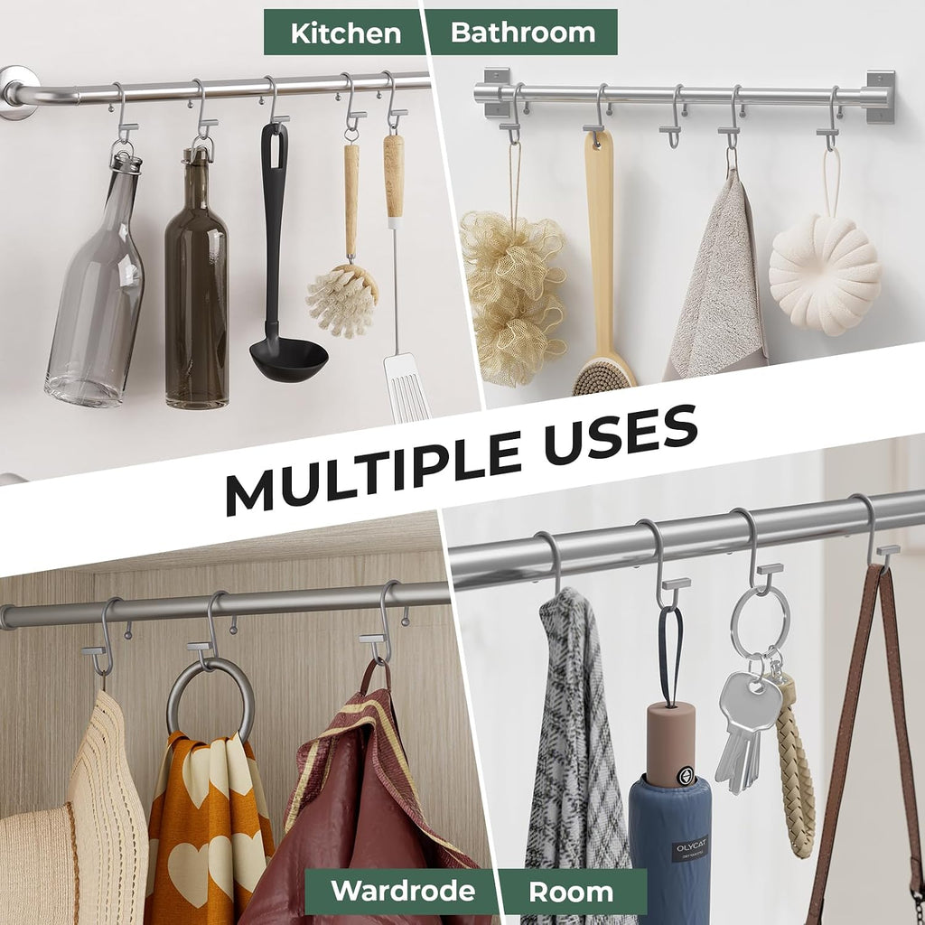 Silver Shower Curtain Hooks, Bathway Shower Curtain Rings Rust Proof, 12PCS Shower Hooks for Shower Curtain, T-Bar Design Convenient Elegant Shower Curtain Hangers for Bathroom Kitchen Wardrobe