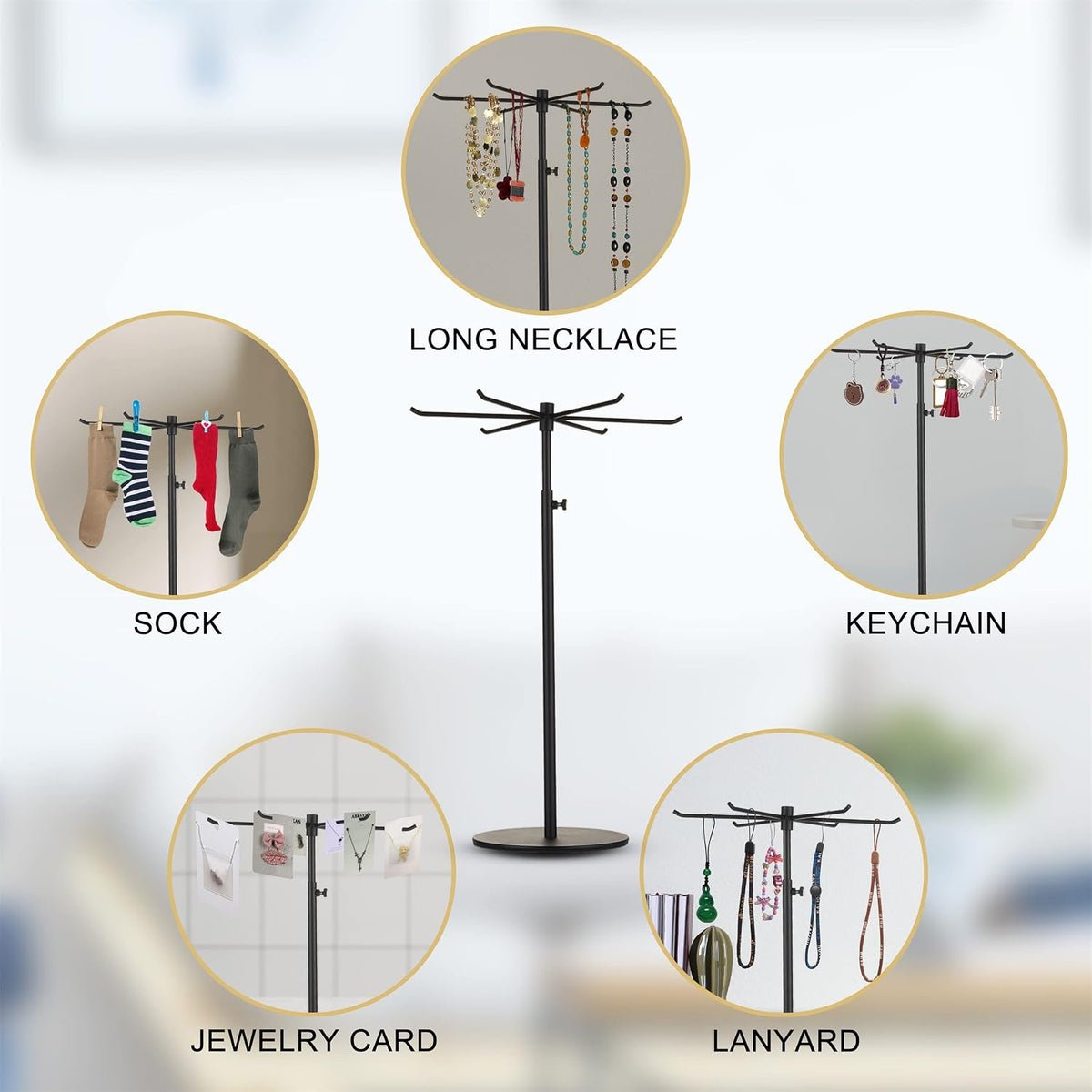 Rotating Keychain Display Stand - Height-adjustable Black Metal Jewelry Organizer - Long Necklace Display Stand with 6 Hook - Easy Clean, Scratch-resistant Display Racks for Craft Shows