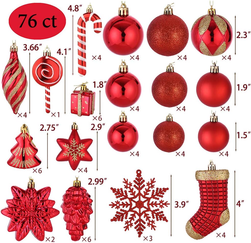 Sattiyrch 76ct Christmas Tree Ornaments Set,Red Shatterproof Christmas Balls Decorations,Xmas Decorative Hanging Ornaments(Red)