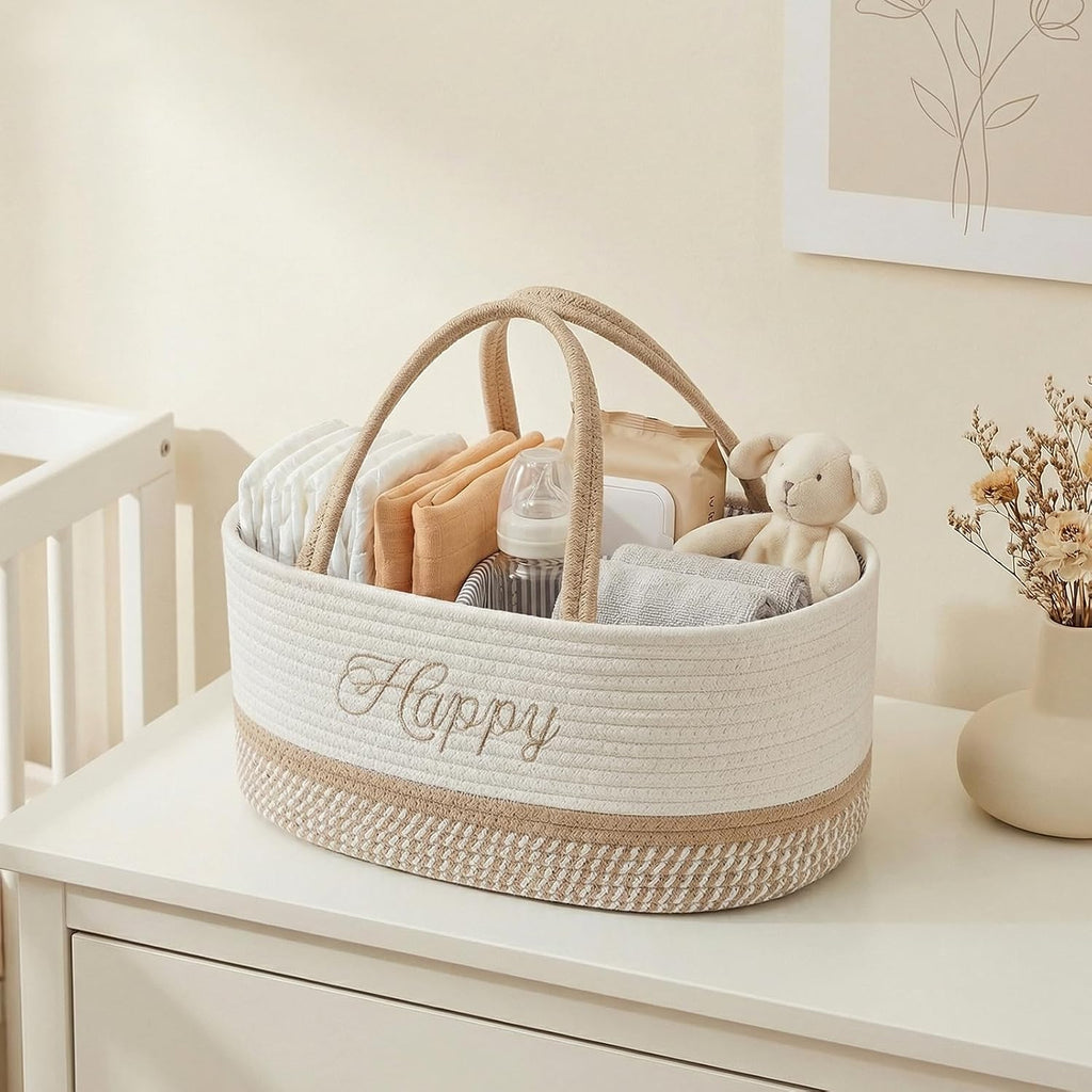 DUHEL Diaper Caddy Organizer with Handle(White Khaki-Happy)