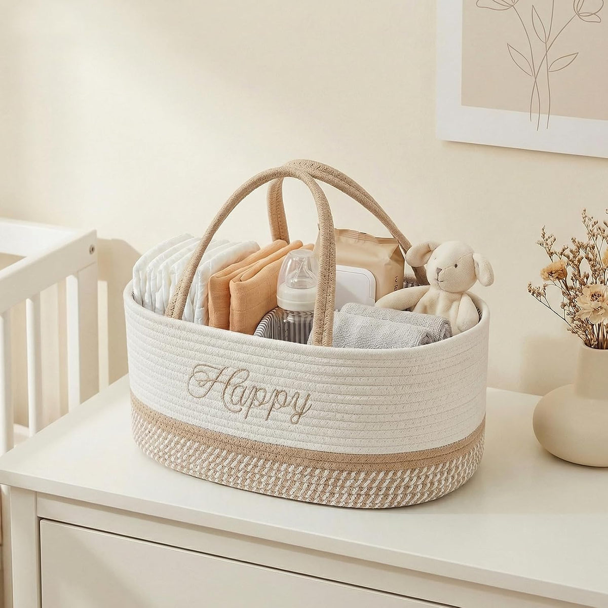 DUHEL Diaper Caddy Organizer with Handle(White Khaki-Happy)