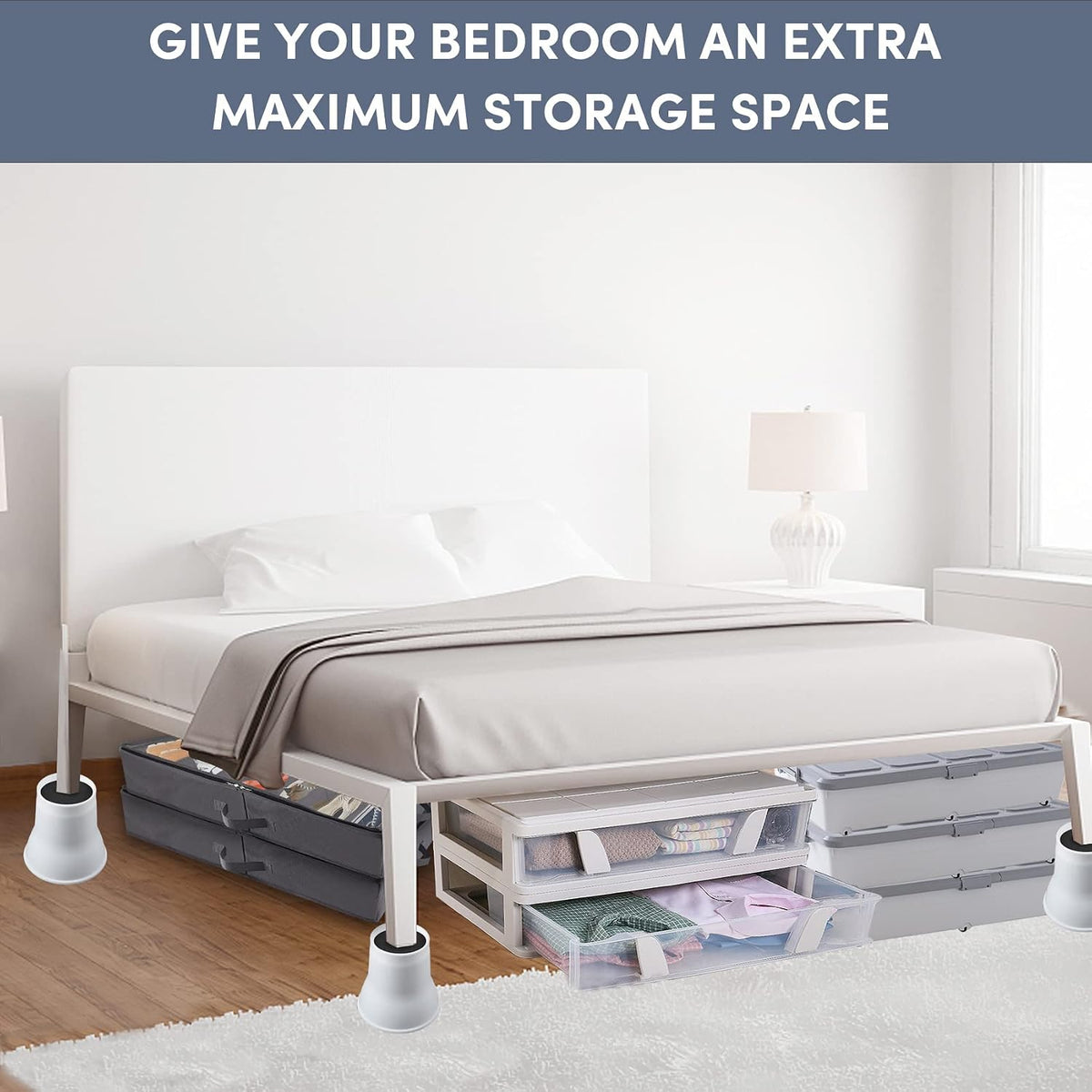 DEDU Bed Risers 6 Inch Heavy Duty 6 Pack, Furniture Risers with Caster Pads Supports Up to 6600 Lbs, Round Couch Risers for Sofas, Couch, Desk or Chair (White)