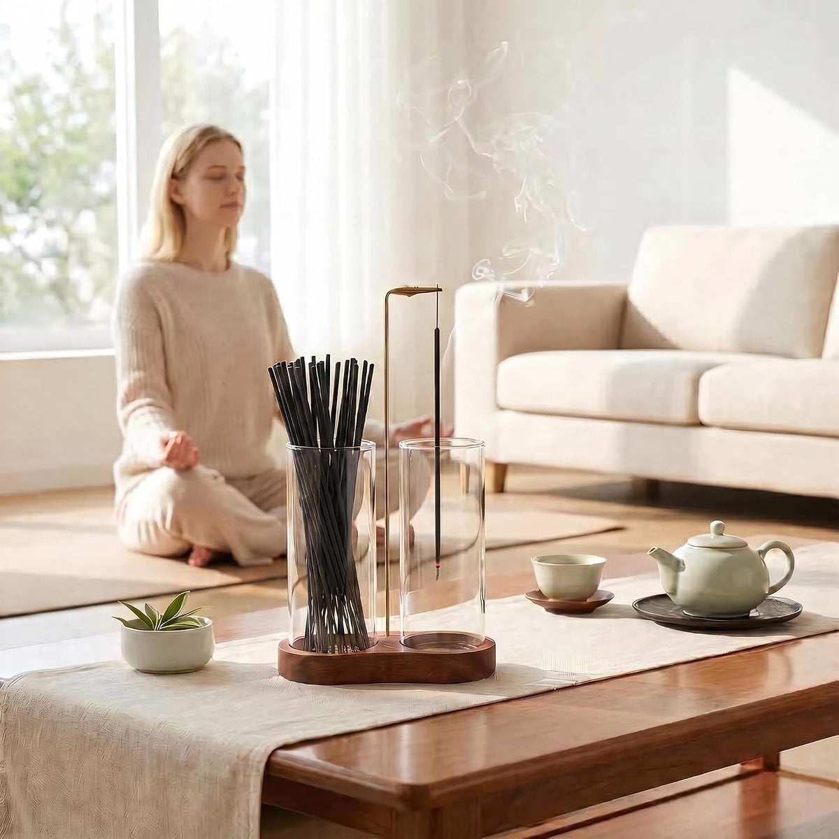 2PCS Incense Holder for Sticks with Glass Ash Catcher - Upside Down Anti-Ash Flying Incense Burner & Stick Storage Organizer (2PCS Upgrade Tall Cup)