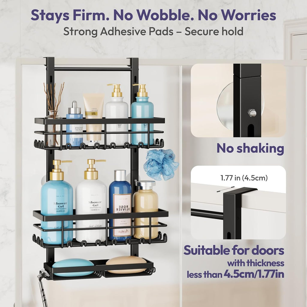 SWTYMIKI Over The Door Shower Caddy - 3 Tier Rustproof Hanging Shower Organizer with Adjustable Shelves, 28 Hooks & Soap Holder, Hanging Shower Rack Storage for Bathroom Accessories, Black