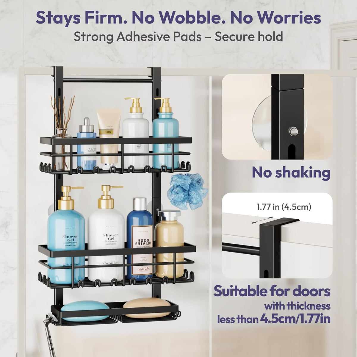 SWTYMIKI Over The Door Shower Caddy - 3 Tier Rustproof Hanging Shower Organizer with Adjustable Shelves, 28 Hooks & Soap Holder, Hanging Shower Rack Storage for Bathroom Accessories, Black