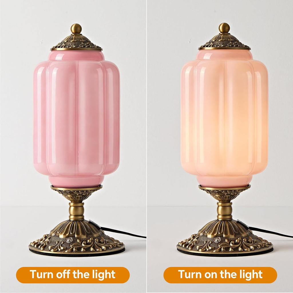 Pink Milk Glass Table Lamp, Touch Control with USB Charging Port Desk Lamp