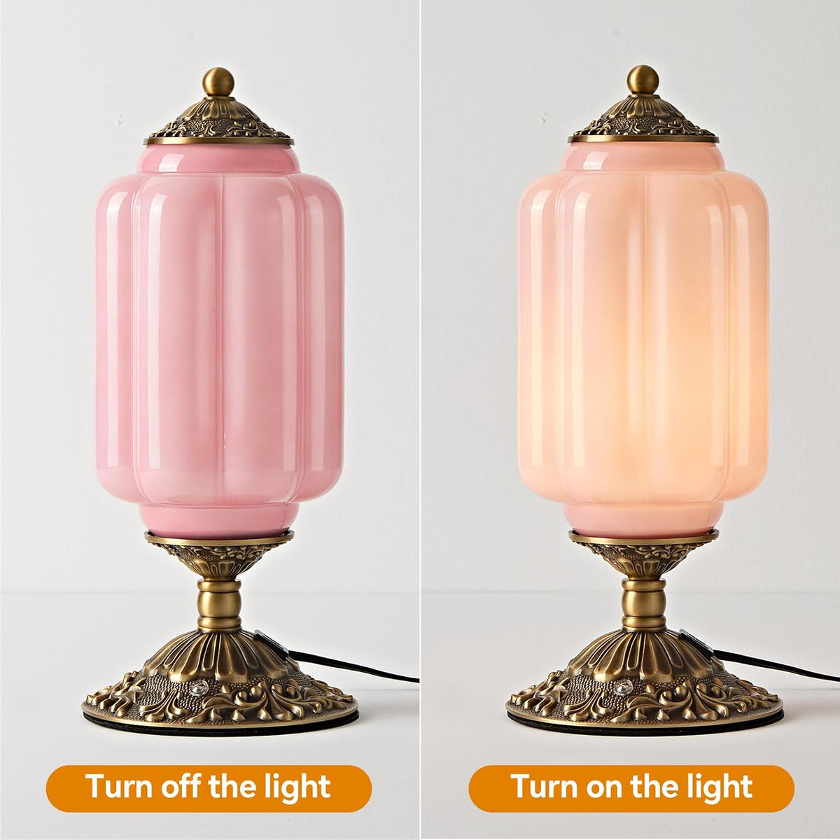 Pink Milk Glass Table Lamp, Touch Control with USB Charging Port Desk Lamp