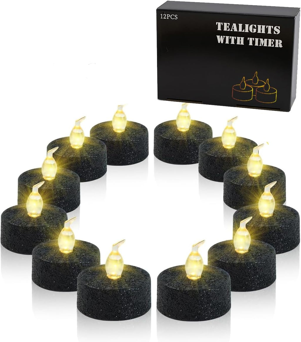 Black Glitter Tea Lights Candles with Timer, 12 Pack