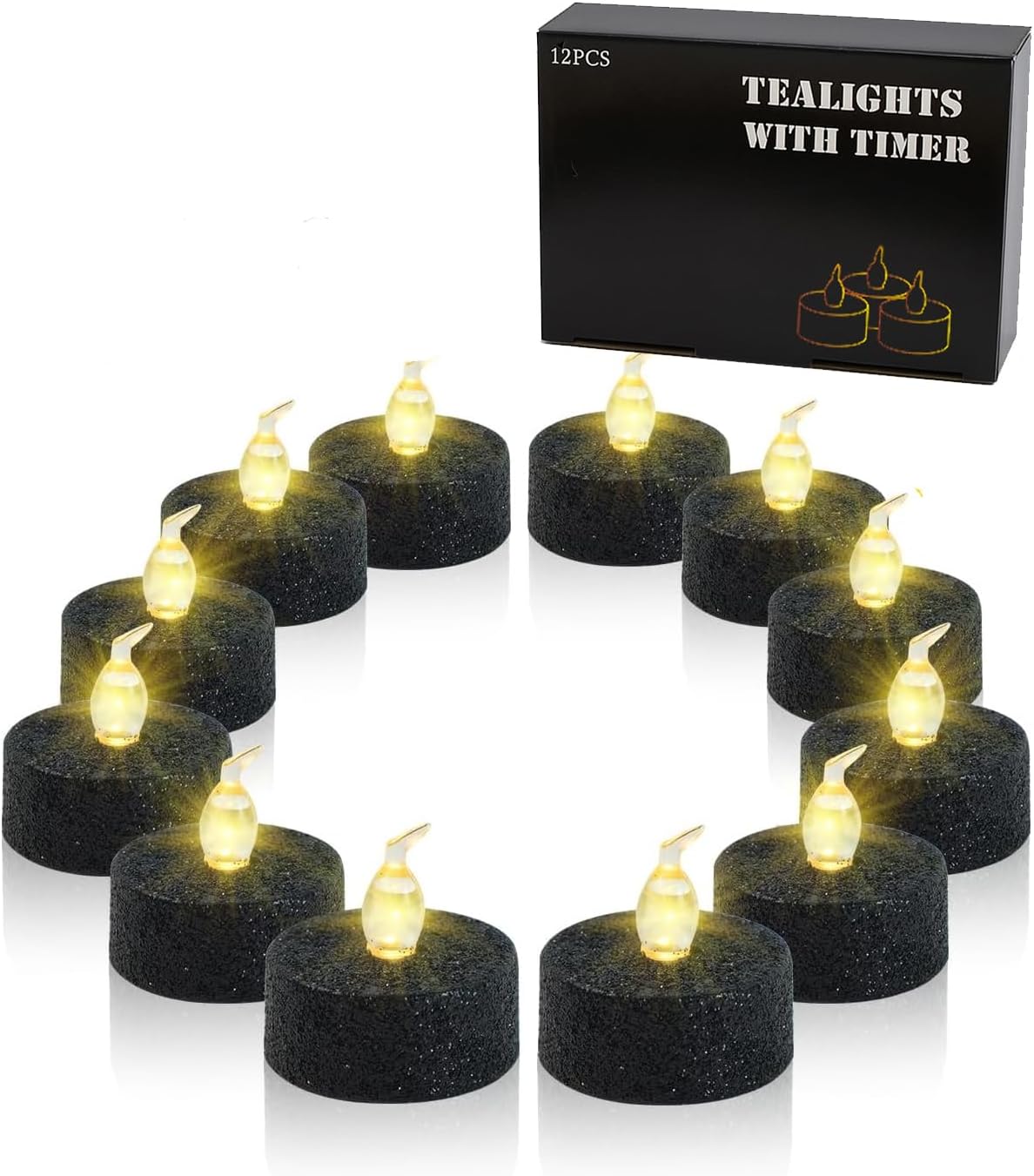 Black Glitter Tea Lights Candles with Timer, 12 Pack