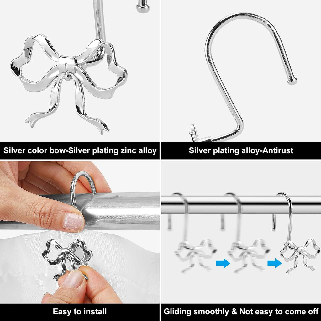 Bow Shower Curtain Hooks, 12-Pack Silver Metal Decorative Bow Knot Rings