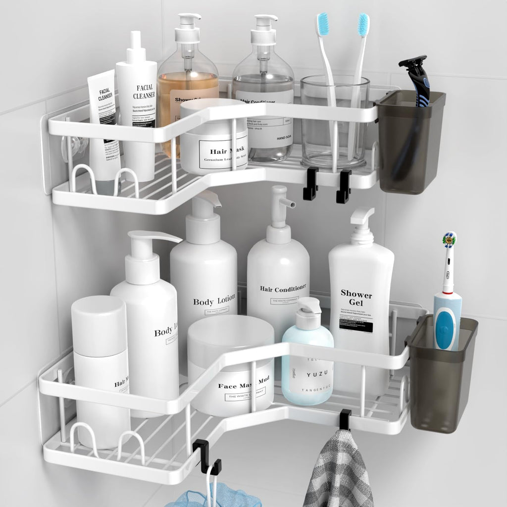 AKTECKE Shower Caddy Corner Organizer Shelf: 2Pack Adhesive Shower Essentials Accessories - No-Drilling Stainless Steel Bathroom Storage Rack with Hooks
