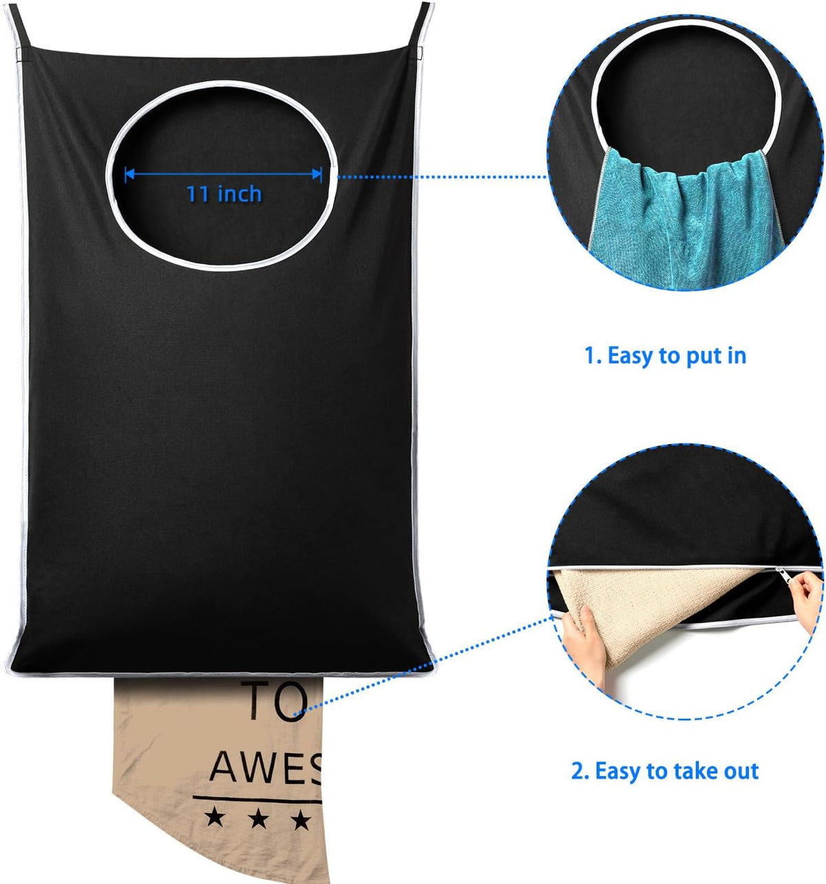 ANSTROUT 2 Pack XL Hanging Laundry Hamper, Extra Large Tear-Resistant Door Organizer with 2 Hook Types, Space-Saving Laundry Bag (36.5" x 22", Black)
