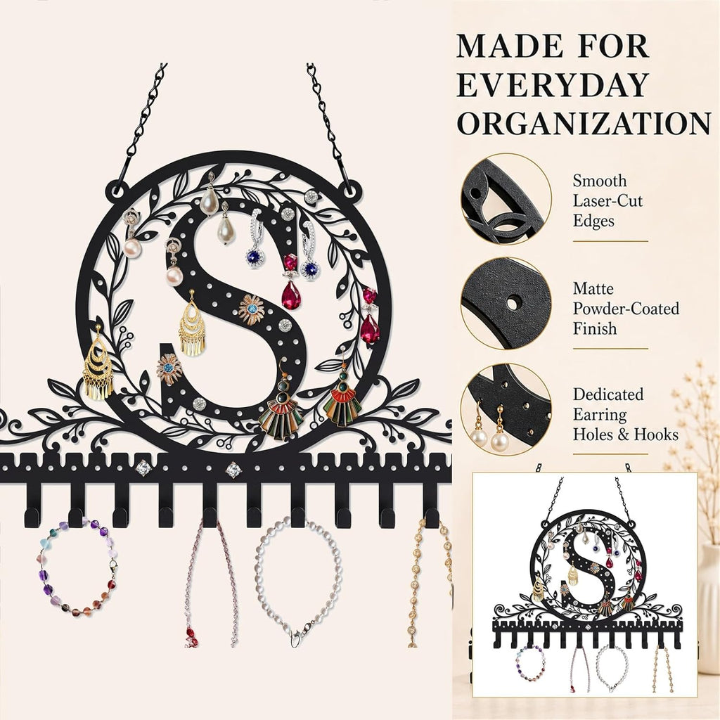 Personalized Wall Mounted Metal Initial Letter S Earring Holder Jewelry Organizer for Earrings and Necklaces Space Saving Wall Display with Hooks Jewelry Storage Bedroom Vanity Gift for Women