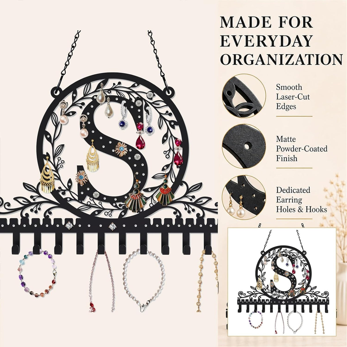Personalized Wall Mounted Metal Initial Letter S Earring Holder Jewelry Organizer for Earrings and Necklaces Space Saving Wall Display with Hooks Jewelry Storage Bedroom Vanity Gift for Women