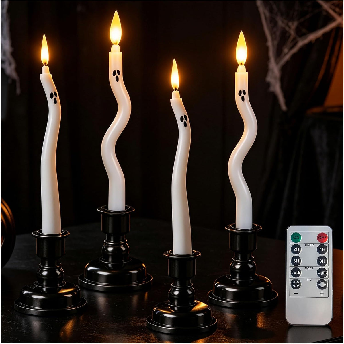Halloween Flameless Ghost Taper Twisted LED Candles with Remote 4 Pack
