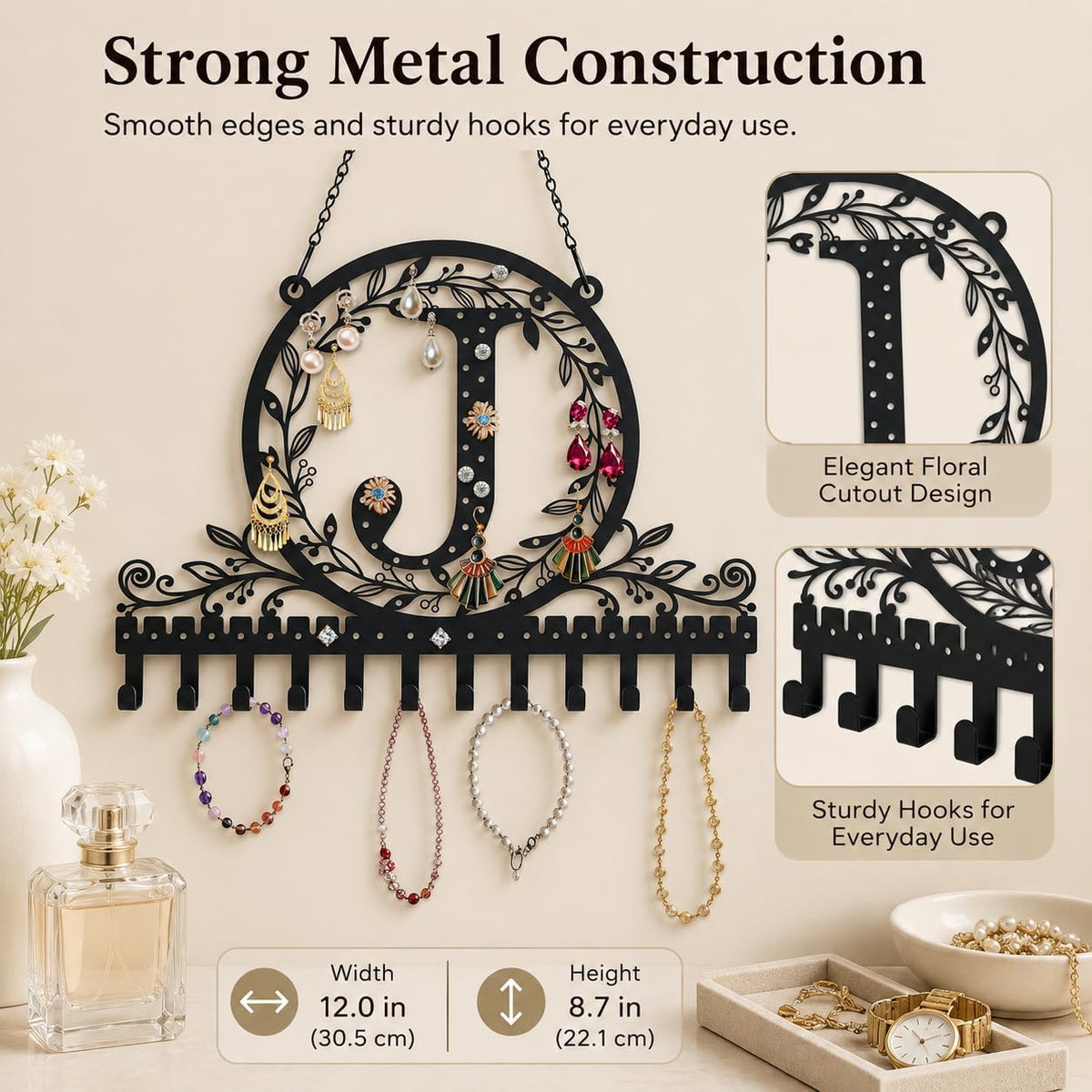 Personalized Wall Mounted Metal Initial Letter J Earring Holder Jewelry Organizer for Earrings and Necklaces Space Saving Wall Display with Hooks Jewelry Storage Bedroom Vanity Gift for Women