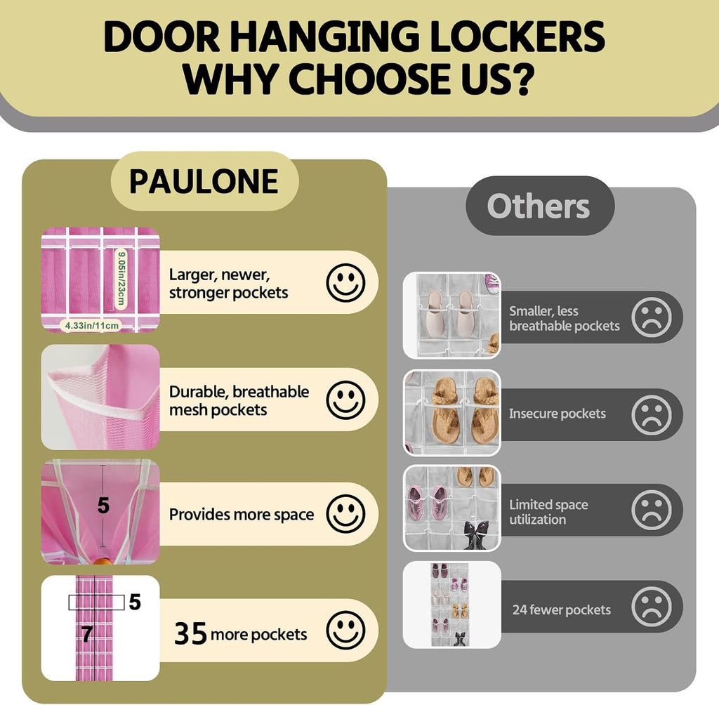 PAULONE 35 Pocket Over the Door Shoe Organizer,Reusable Breathable Large Mesh Bag Men's & Women's Sneaker Organizer,Shoe Organizer for Kids,Hanging Shoe Storage Hanging Bag (Pink)