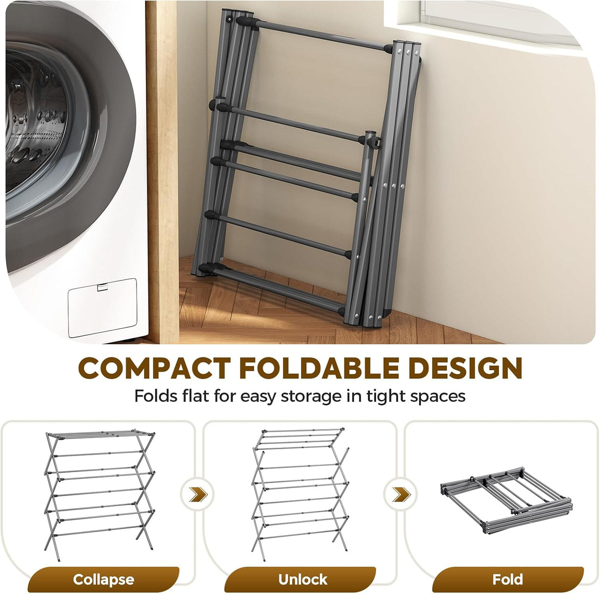 KINGBOARD Clothes Drying Rack, 3-Tier Foldable Extendable, Grey