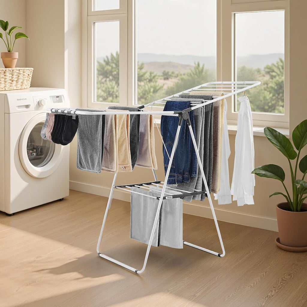 VEVOR Clothes Drying Rack, 2-Tier Foldable Laundry Dryer Rack with Sock Clips & 21 Drying Rods, Metal Height Adjustable Drying Racks for Outdoor & Indoor, Free-Standing & Space-Saving Hanger, White