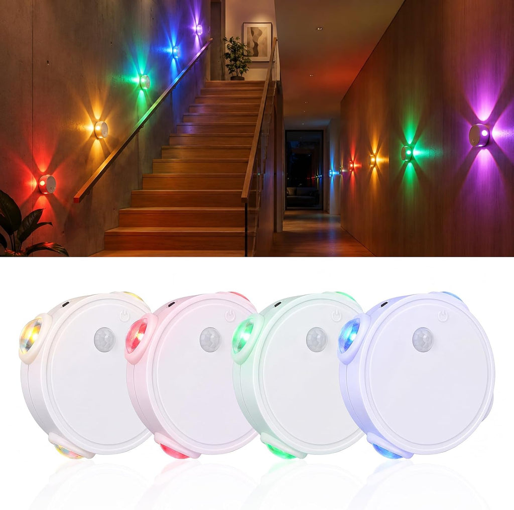 Motion Sensor LED Night Lights 4 Pack, Rechargeable Wireless Stair Lights, Magnetic Installation, RGB & Touch Control, Wall Sconce for Hallway Closet Bedroom Indoor
