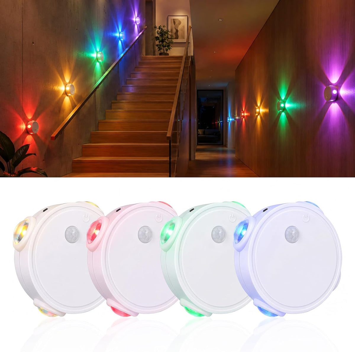 Motion Sensor LED Night Lights 4 Pack, Rechargeable Wireless Stair Lights, Magnetic Installation, RGB & Touch Control, Wall Sconce for Hallway Closet Bedroom Indoor