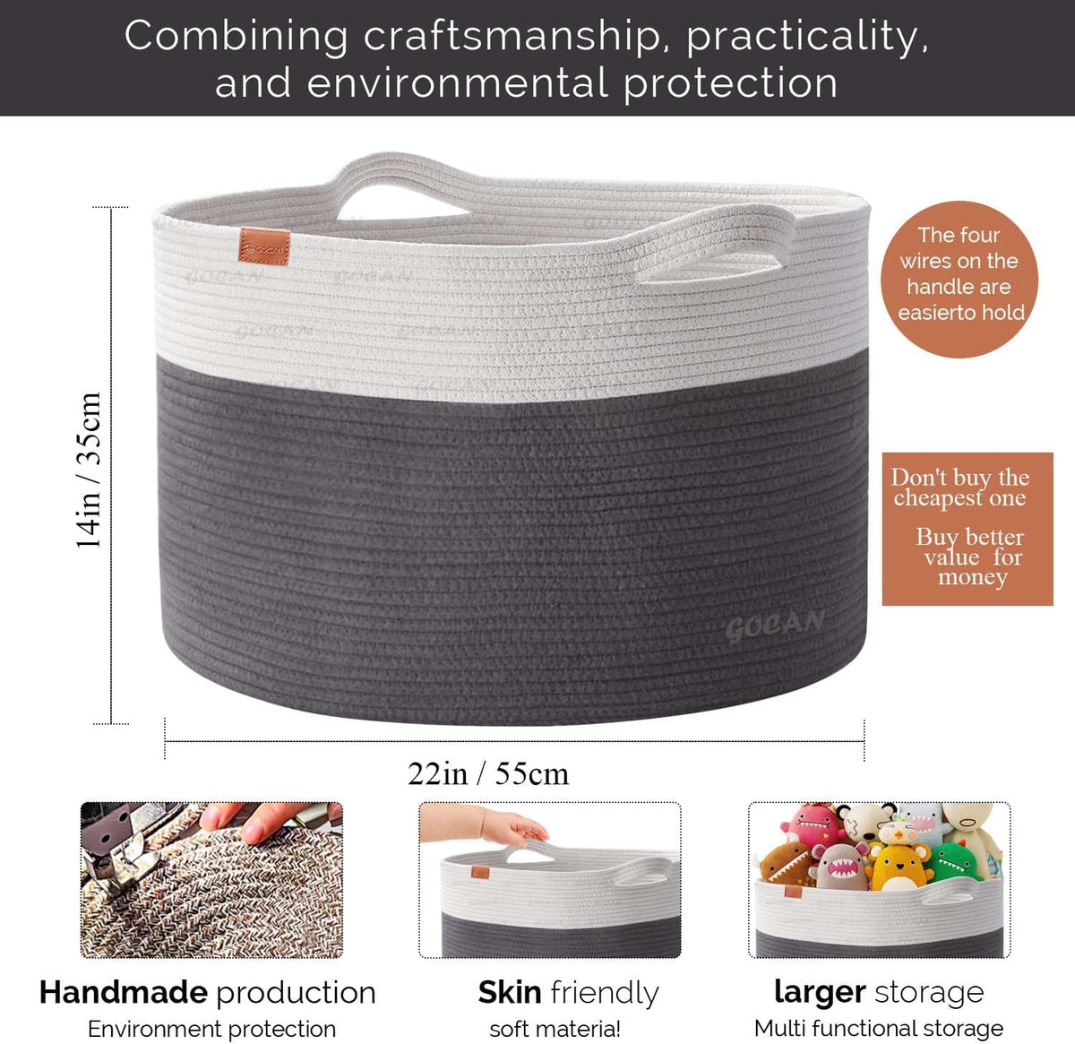 Cotton Rope Woven Laundry Basket 22"X 22"X 14" with handles(Grey/Beige)XXXL