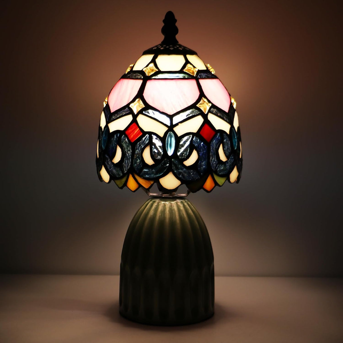 Tiffany Stained Glass Mushroom Table Lamp 12.5 Inch -Pink Jewelry