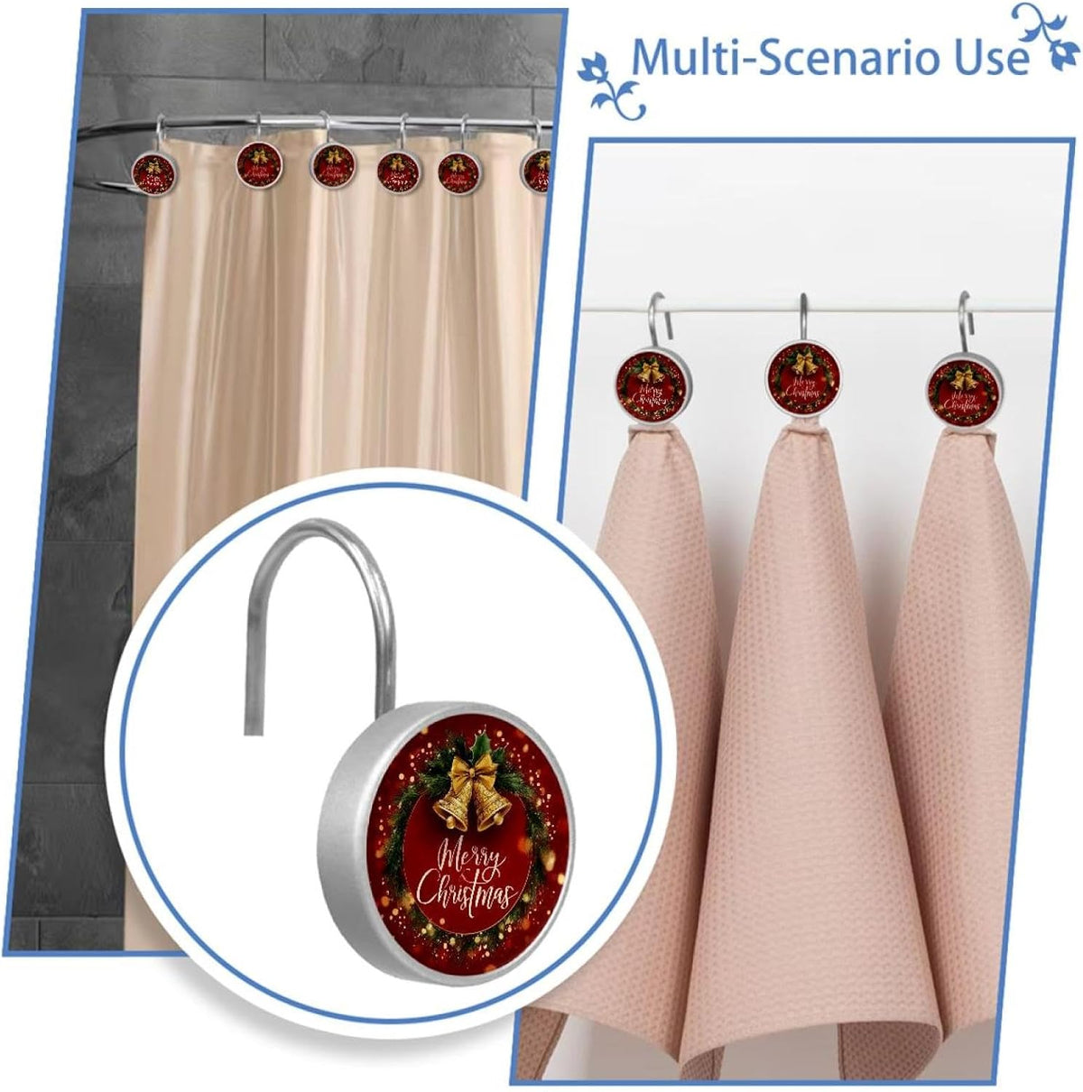 12 PCS Merry Christmas Shower Curtain Hooks, Rustproof Stainless Steel Decorative Shower Curtain Rings Hangers for Bathroom Living Room Bedroom Curtains Rods