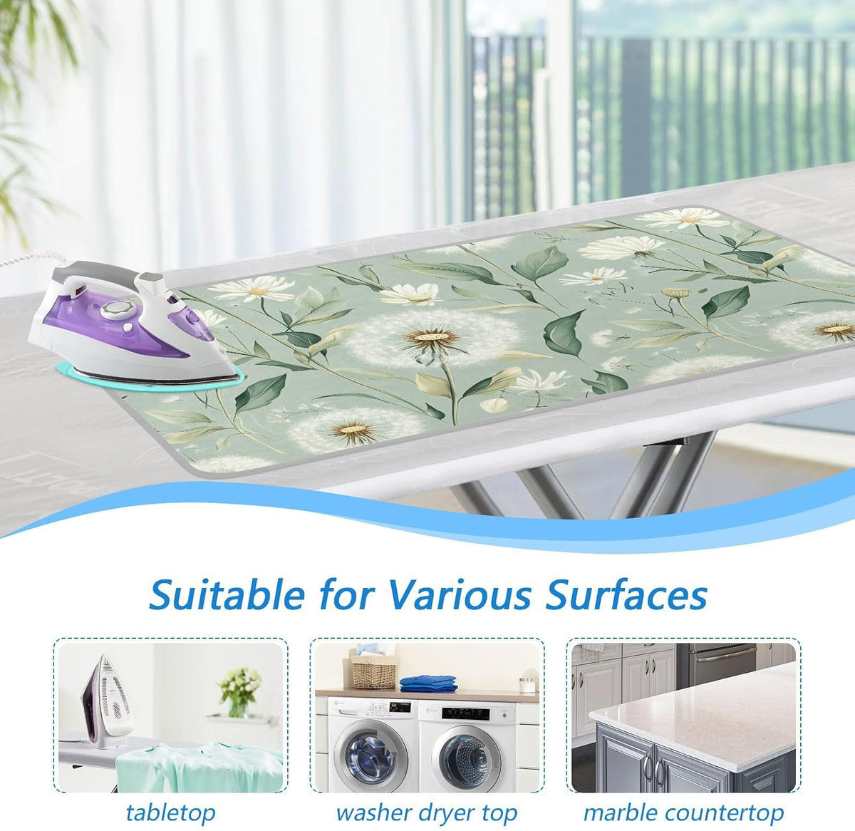 Sage Green Dandelions Flower Ironing Mat for Table top Portable Ironing Pad Blanket for Washer Dryer Countertop Travel