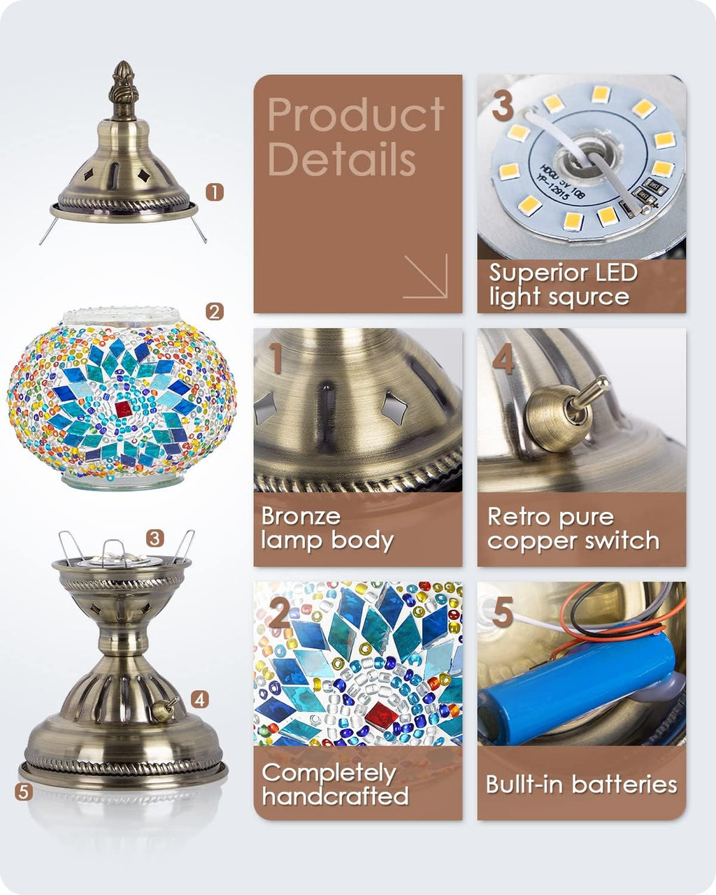 Yarra-Decor Turkish Moroccan Lamp with Bronze Base Handmade Tiffany Mosaic Glass Lamps Portable Bedside Lamps with Rechargeable Battery 2000mAh (LED Bulb Included) (Blue1)