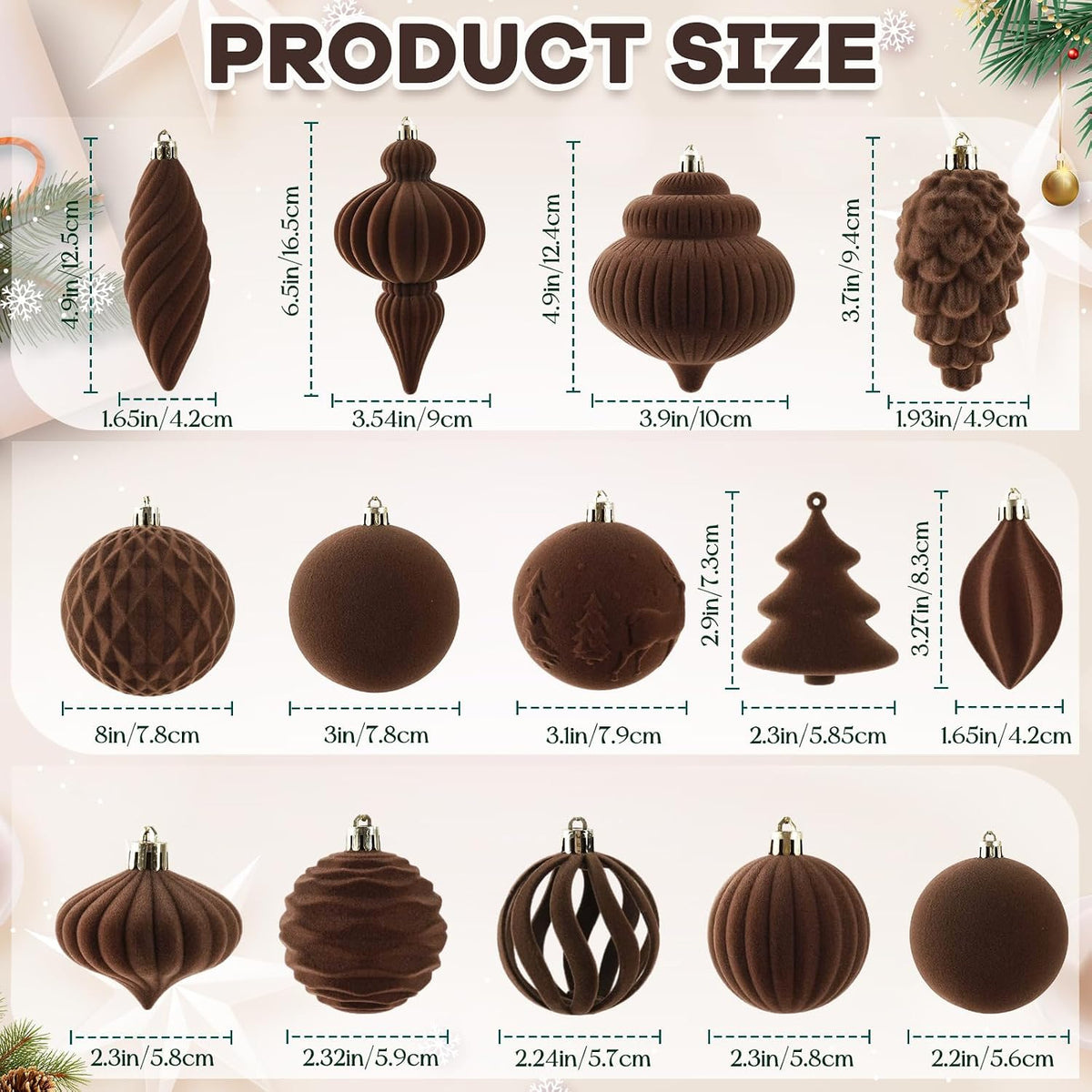 18Pcs Velvet Christmas Tree Ornaments Set, Brown Flocked Hanging Christmas Balls Ornaments, Shatterproof Decorative Hanging Balls Vintage Decorations Assortment for Xmas Tree Holiday Home Party Decor