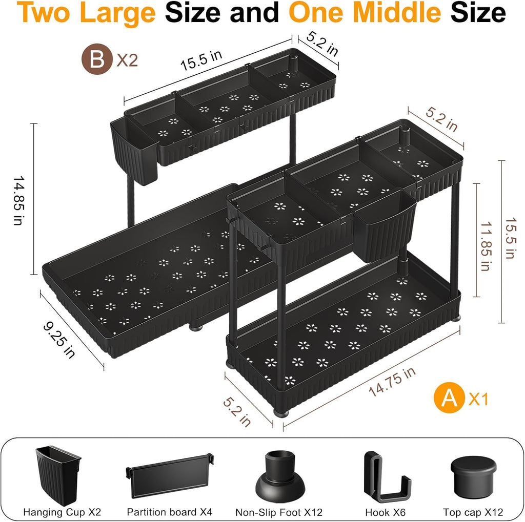 Sevenblue 3-Pack 2-Tier L-Shaped Under Sink Organizers with Sliding Drawers