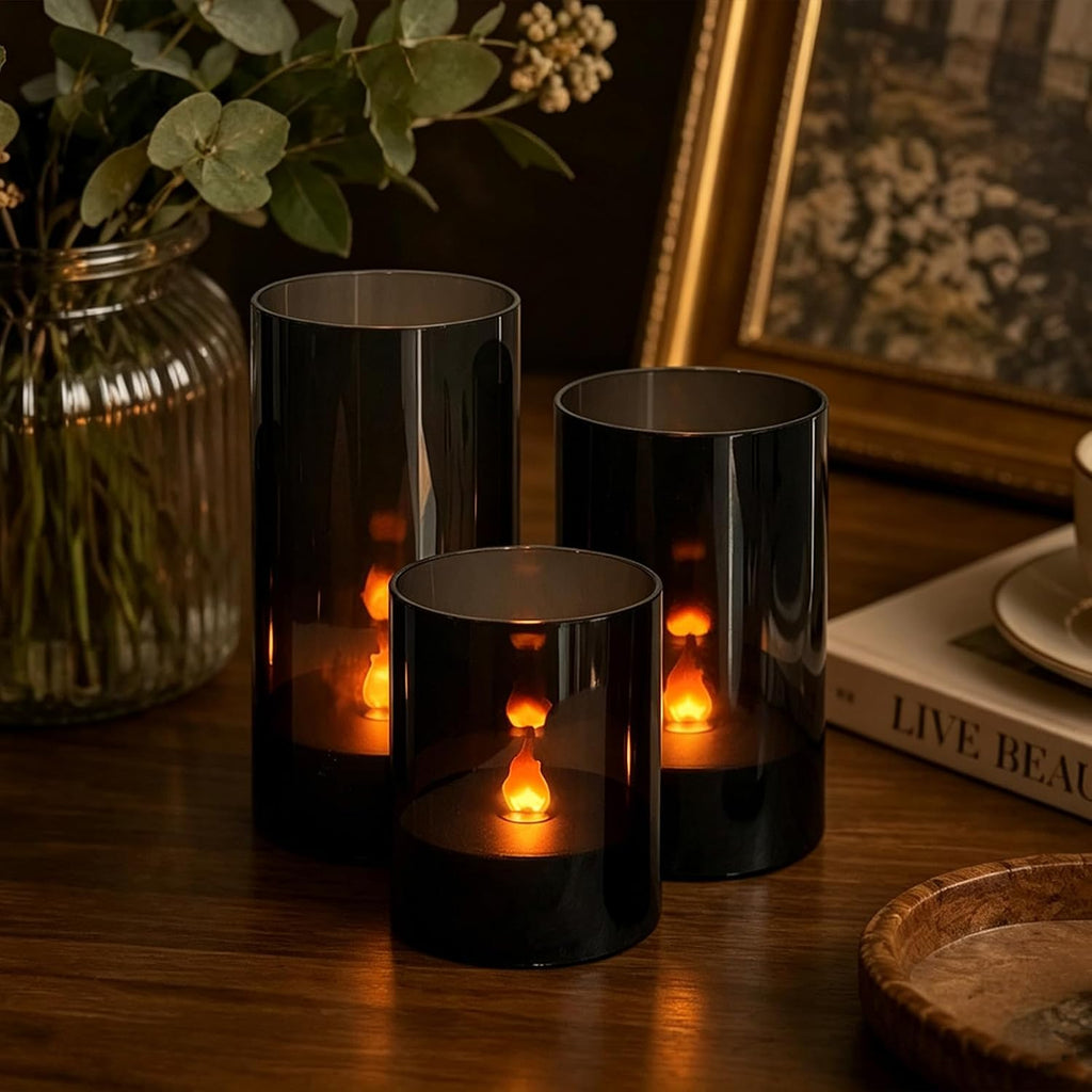 3Pcs Black Halloween Flameless LED Pillar Candles,Flame Light with Remote