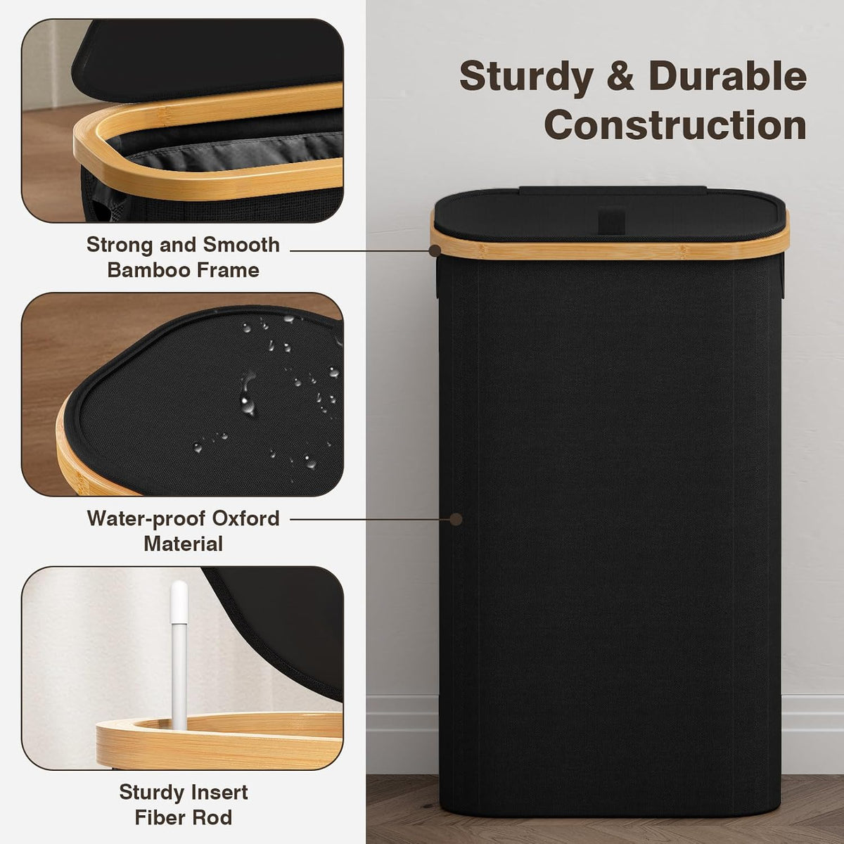 Bathola Slim Laundry Hamper with Lid, 75L Small Laundry Basket, Black