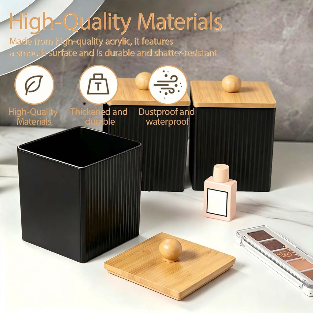 Cotton Round Holder 2Pcs Qtip Container with Lid, 3.77×3.14×3.14 Inches Black Acrylic Square Cotton Swab Holder with Bamboo Lid for Cottons Balls Swabs Floss Picks Canisters
