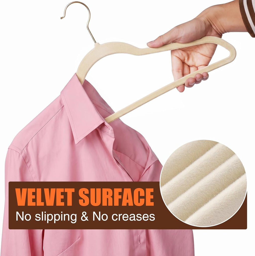 Flottian 100 Pack Beige Velvet Hangers Non Slip,Felt Hangers with Gold Hook