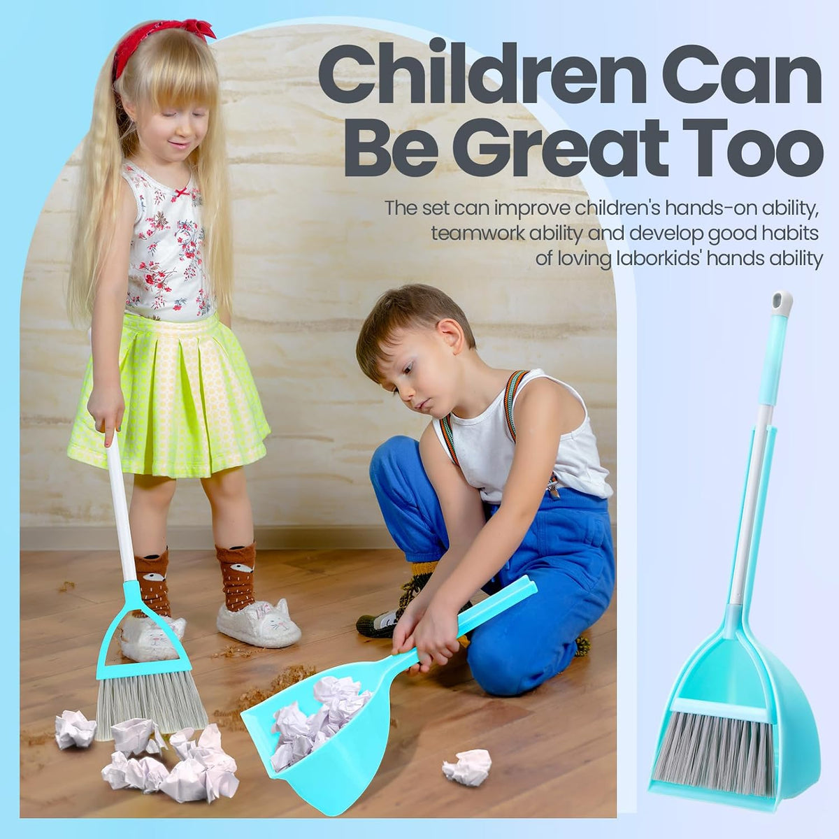 Roshtia 3 Pcs Mini Broom and Dustpan Set for Kids,Yellow, Red, Green