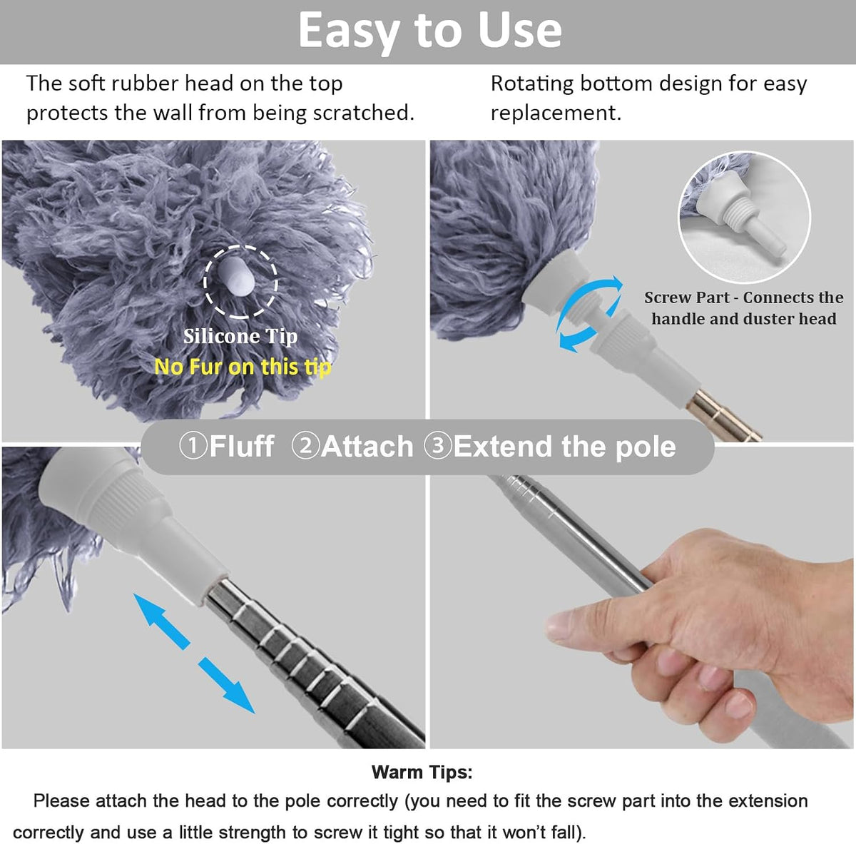 DELUX Microfiber Feather Duster Extendable Duster with 100 inches Extra Long Pole, Bendable Head & Long Handle Dusters for Cleaning Ceiling Fan, High Ceiling, Blinds, Furniture & Cars Gray