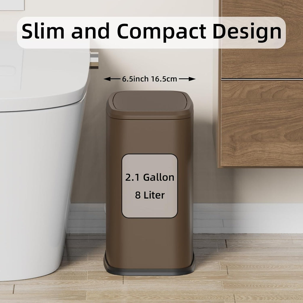 8L/2.1 Gallon Small Bathroom Trash Can with Lid, Swing-Top Rectangular Waste Bin, Stainless Steel Garbage Can for Home, Office, Toilet, Bedroom, Living-Room (Brown)