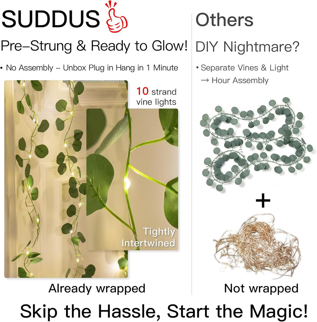 suddus 200 LED Vine with Light Plug in, 6.5ft x 6.5ft Eucalyptus Fairy Curtain Lights with Remote, Leaf Fairy Lights for Wall,Bedroom, Dorm, Wedding, Party, Indoor Decor(Warm White)